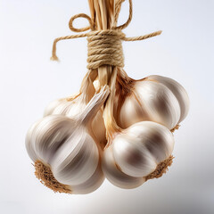 Wall Mural - Garlic tied with natural thread and hung on a white background