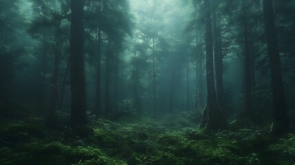 Wall Mural - Mysterious foggy forest path.