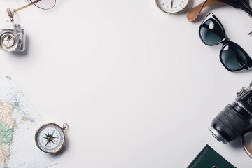 Aufkleber - Explore essential travel items like a map, compass, camera, and sunglasses, perfect for planning your next adventure and creating memories. Generative AI