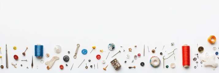 Poster - A variety of sewing essentials including colorful threads, buttons, and needles arranged on a white background, providing space for text. Generative AI