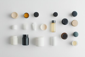 Poster - Skin care containers arranged neatly on a white background feature various jars, tubes, and oils, offering ample space for text or branding. Generative AI