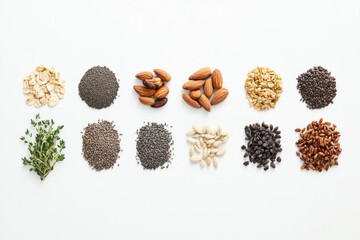 Poster - Various organic seeds, nuts, and herbs are neatly arranged on a white background, providing ample space for additional text and information. Generative AI