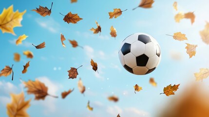 Wall Mural - A soccer ball is flying through a field of leaves