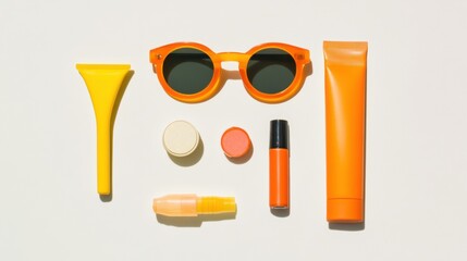 Poster - Bright sunglasses and sunscreen are arranged stylishly against a clean background, perfect for summer outings and beach days. Generative AI