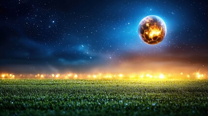 A soccer ball is floating in the sky above a field of grass