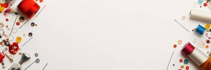 Poster - Collection of sewing essentials including needles, threads, and buttons organized neatly on a white background with space for personalization. Generative AI