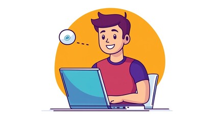 Cartoon illustration of a hacker operating a laptop, depicted in flat design style. The hacker icon represents technology, cybersecurity, and digital threats, perfect for tech 