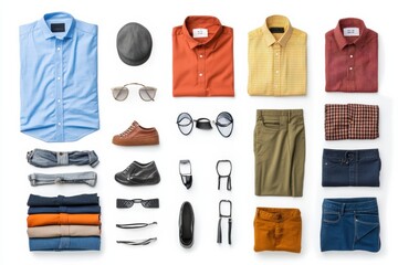 Poster - Discover a collection of stylish clothing items including shirts, pants, and accessories, all presented on a clean white background for design ideas. Generative AI
