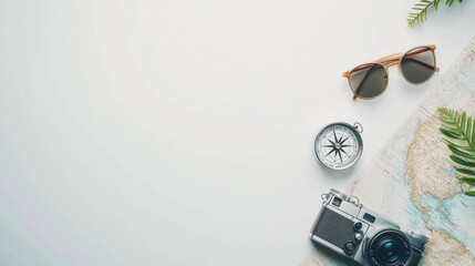 Poster - Travel essentials like a map, compass, small camera, and sunglasses are arranged on a white background with space for text and planning. Generative AI