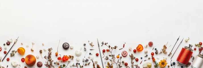Poster - Colorful sewing essentials like needles, buttons, and thread are placed on a white surface, allowing for creativity and text addition. Generative AI
