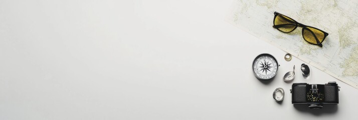 Poster - Travel essentials are laid out on a white background, featuring a map, compass, camera, and sunglasses, inviting adventure and exploration. Generative AI