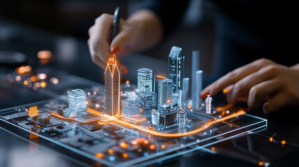 Poster - smart city model being designed with glowing elements and intricate details