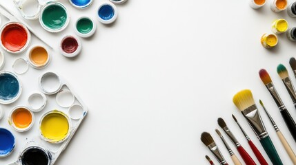 Poster - Colorful brushes, palettes, and small acrylic paints arranged neatly on a white surface, creating a perfect setting for creative projects. Generative AI