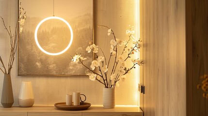 Wall Mural - Modern Minimalist Interior Decor with Warm Lighting and White Orchids