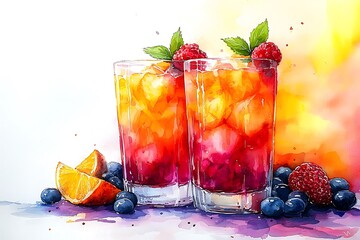 Canvas Print - Two Watercolor Paintings of Refreshing Raspberry and Orange Cocktails Garnished with Mint.