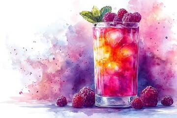 Canvas Print - Watercolor Painting of a Refreshing Raspberry Cocktail with Mint Garnish.