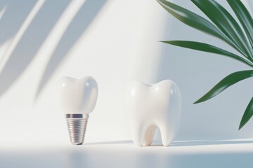 Aufkleber - A dental implant is displayed next to a healthy tooth, showcasing the contrast between the two, emphasizing their structure and functionality. Generative AI