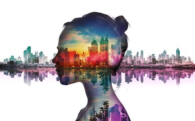 Wall Mural - Abstract double exposure of a beautiful woman's silhouette with a vibrant and colorful cityscape on white background