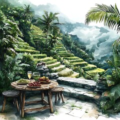 Wall Mural - Tranquil Watercolor Painting of a Romantic Table Setting Overlooking Lush Rice Terraces in a Tropical Paradise.