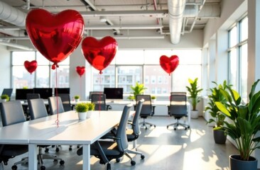 Modern office workspace decorated with red heart shaped foil balloons near each table, white interior, openspace office, grey chairs, monitors on white tables, green plants, Valentine's Day, sun light