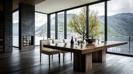 Poster - Elegant modern dining room with wooden table overlooking scenic view contemporary style serene environment aesthetic concept