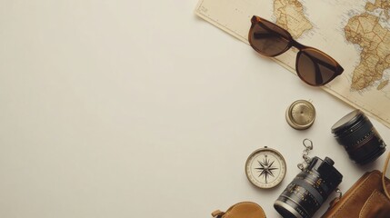 Poster - Travel essentials arranged on a surface include a map, compass, camera, and sunglasses, with space for additional text or notes. Generative AI