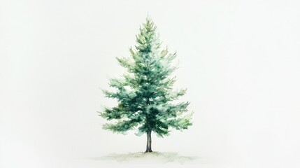 A minimalist watercolor pine tree, standing tall and alone in soft hues of green, set against a white background