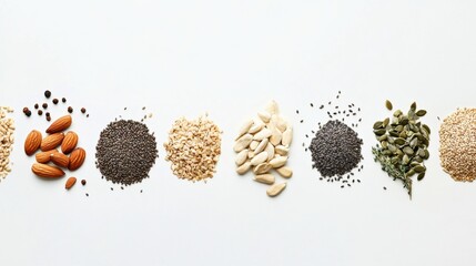 Fototapete - Various organic seeds, nuts, and herbs are displayed on a clean white background, providing empty space for labeling or additional information. Generative AI