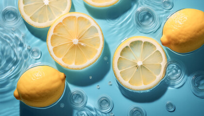 Fresh a Lemon slices floating in a clear blue water