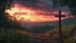 © savittree - A serene evening landscape featuring a wooden cross with the sky ablaze in sunset hues