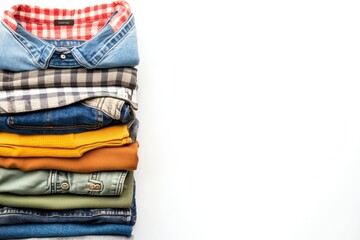 Poster - Casual clothing items such as shirts and pants are neatly folded and stacked, creating an organized display on a clean white background. Generative AI