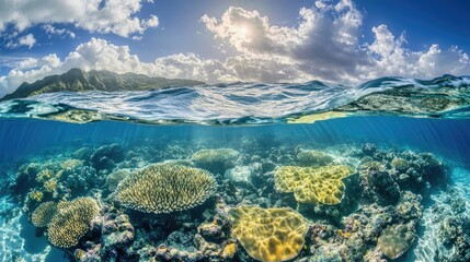 Poster - A serene underwater view of coral reefs, illuminated by sunlight piercing through clear ocean waves