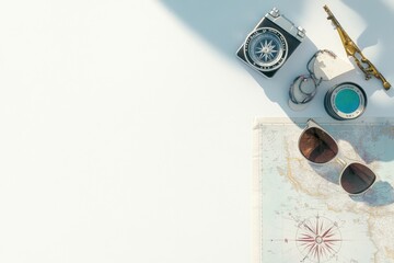 Poster - Layout features a map, compass, small camera, and sunglasses on a white surface, ideal for organizing travel essentials and plans. Generative AI