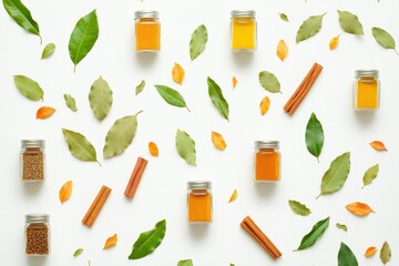 Aufkleber - Small jars filled with vibrant spices, bay leaves, and cinnamon sticks are artfully arranged on a white backdrop, offering space for creative text. Generative AI