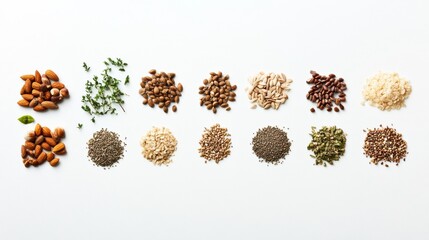Poster - A vibrant collection of organic seeds, nuts, and herbs laid out on a white background, showcasing their natural textures and colors. Generative AI
