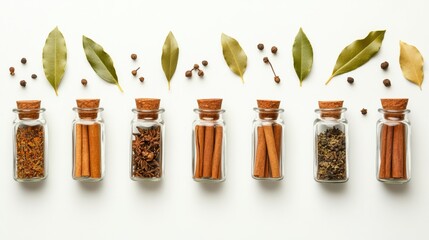 Aufkleber - Small jars of aromatic spices, bay leaves, and cinnamon sticks are arranged on a white background, offering space for creative text. Generative AI