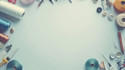 Poster - An assortment of sewing essentials like needles, colorful threads, and buttons is carefully arranged, providing a blank space for creativity. Generative AI