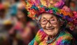 © Kien - A vibrant portrait of an elderly woman dressed in a colorful outfit, wearing sunglasses and a pink hat adorned with flowers