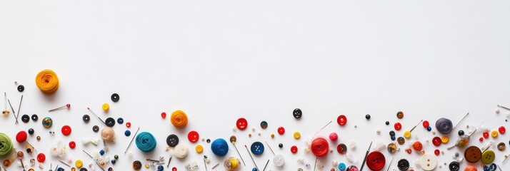 Poster - Colorful sewing essentials like threads, needles, and buttons arranged neatly on a white background with ample blank space for creativity. Generative AI