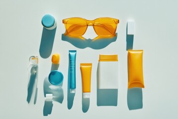 Poster - Colorful sunglasses and various sunscreen products are neatly placed against a white backdrop, perfect for summer outings and beach adventures. Generative AI