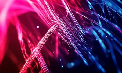 Wall Mural - Abstract digital art with vibrant pink and blue light trails and particles.