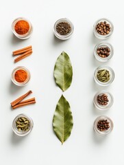 Aufkleber - A vibrant arrangement featuring small jars of spices, bay leaves, and cinnamon sticks on a white background, offering plenty of space for text. Generative AI