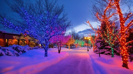 Sticker - A winter wonderland of white snow and colorful holiday lights set against a crisp, sunny blue sky