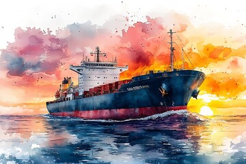 Wall Mural - A Container Ship at Sunset, Watercolor Painting.