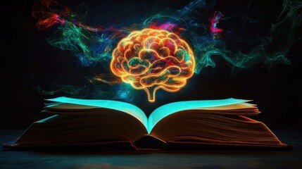 Sticker - An open book illuminated by a glowing brain-shaped bulb in vibrant colors, evoking creativity and intellectual growth