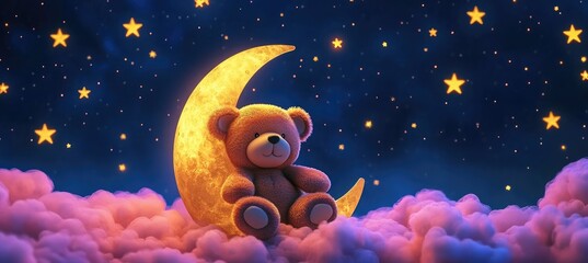 Wall Mural - A cute teddy bear sitting on the crescent moon, surrounded by stars, in a pink color scheme