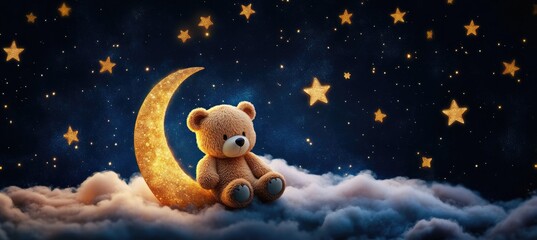 Wall Mural - A cute teddy bear sitting on the crescent moon, surrounded by stars, in a pink color scheme.