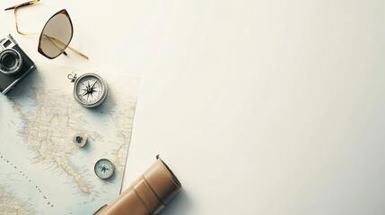 Poster - Essential travel items including a map, compass, small camera, and sunglasses are arranged on a clean white background, ready for adventure. Generative AI