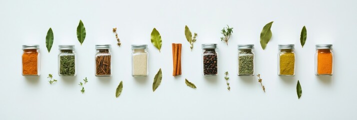 Aufkleber - This display features colorful jars of spices alongside dried bay leaves and cinnamon sticks, providing an aromatic assortment for culinary use. Generative AI