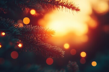 Wall Mural - Soft Glow of Christmas Lights Through Evergreen Pine Branches at Sunset, Capturing the Warmth and Joy of the Holiday Season in a Dreamy Bokeh Effect